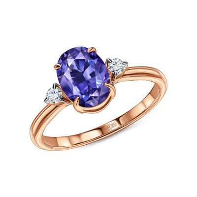 Золотое кольцо с бриллиантами выращенными и сапфирами выращенными