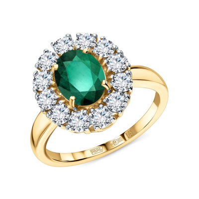 Золотое кольцо с бриллиантами выращенными и изумрудами выращенными