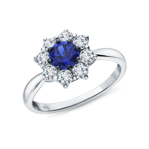 Золотое кольцо с бриллиантами выращенными и сапфирами выращенными