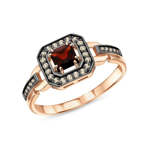 Золотое кольцо с бриллиантами коньячными природными и гранатами природными