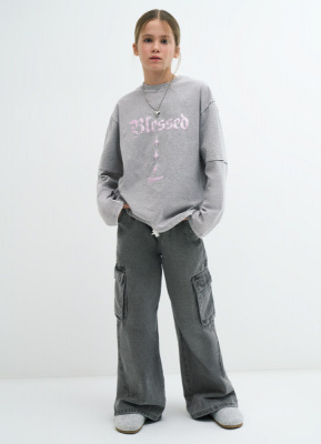 Широкие джинсы с карго-карманами для девочек, Серый