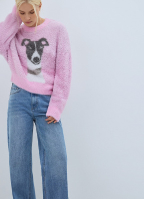 Пушистый джемпер с принтом собаки, Розовый