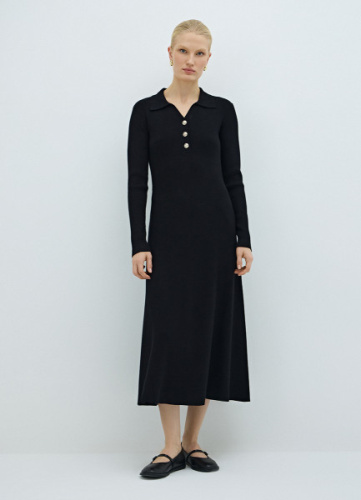 Вязаное платье миди с воротником-поло, Черный