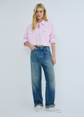 Хлопковая кроп-рубашка с карманами, Розовый