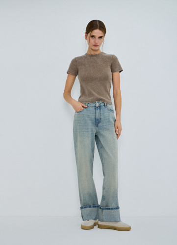 Прямые джинсы средней посадки с отворотами, Голубой