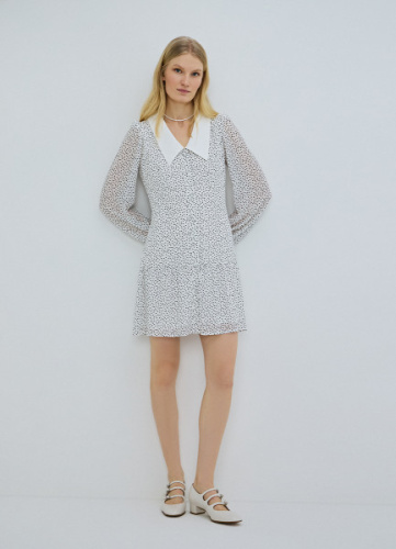 Платье мини из шифона в горошек, Белый