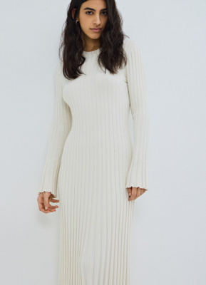 Расклёшенное платье в рубчик, Бежевый