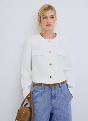 Однобортный укороченный жакет, Белый