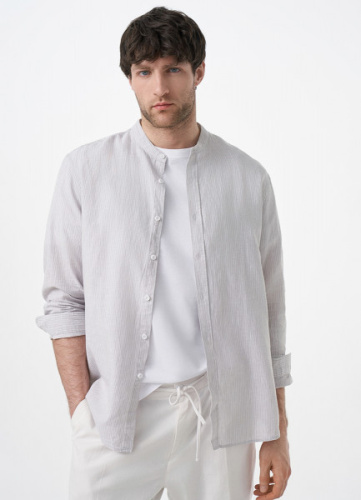 Рубашка из смесового льна с воротником мао, Бежевый