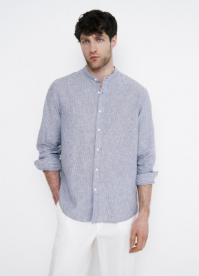 Рубашка из смесового льна с воротником мао, Синий