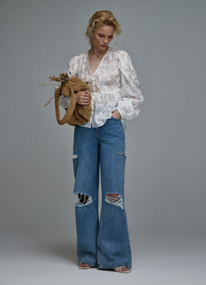 Широкие джинсы с рваным дизайном, Голубой