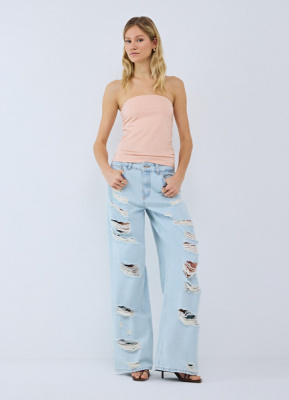 Широкие джинсы с рваным дизайном, Голубой