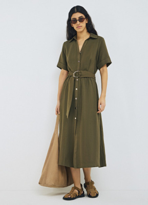 Платье-рубашка с поясом, Зеленый