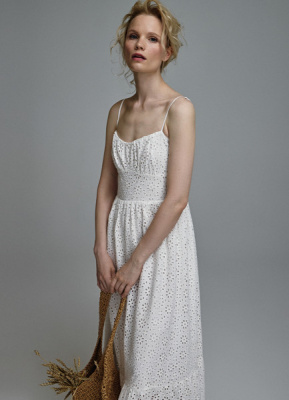 Сарафан из хлопка с вышивкой и воланом, Белый