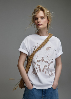 Футболка с кружевом и вышивкой, Белый