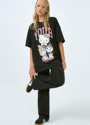 Футболка с принтом Hello Kitty для девочек, Черный