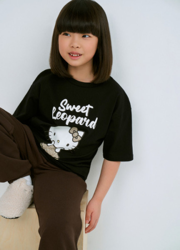 Футболка с принтом Hello Kitty для девочек, Черный