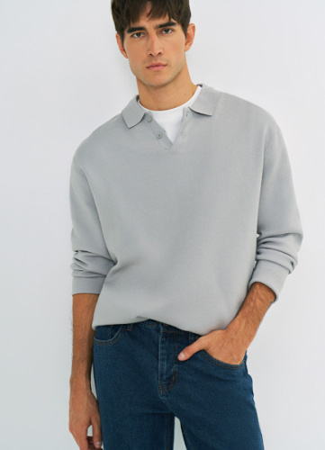 Вязаный джемпер-поло с длинным рукавом, Серый