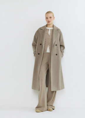 Длинное двубортное пальто с поясом, Бежевый