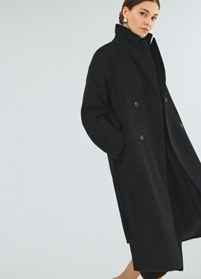 Длинное двубортное пальто с поясом, Черный