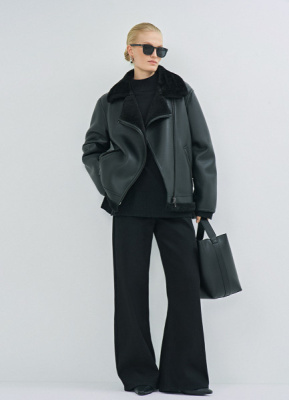 Дублёнка с воротником из искусственного меха, Черный