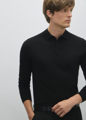 Вязаный джемпер-поло с длинным рукавом, Черный