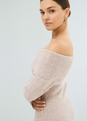 Вязаное платье с открытыми плечами, Бежевый