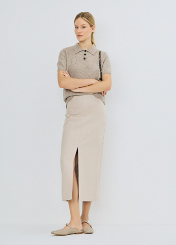 Трикотажная прямая юбка миди, Бежевый