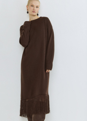 Вязаное платье с бахромой, Коричневый