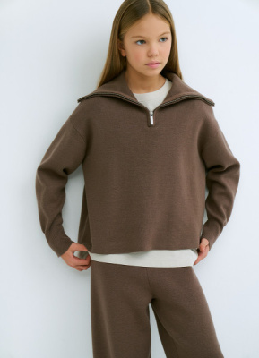 Джемпер с воротником на молнии для девочек, Коричневый