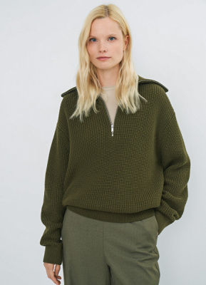 Джемпер с воротником-стойкой на молнии, Зеленый