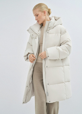 Длинный стёганый пуховик с капюшоном, Бежевый
