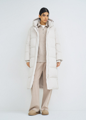 Длинный стёганый пуховик с капюшоном, Бежевый
