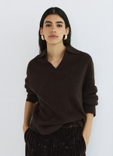 Джемпер поло из пушистой пряжи, Коричневый