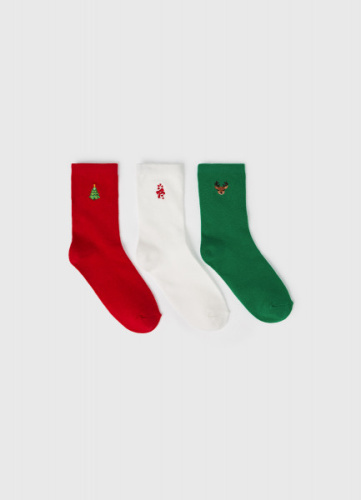 Носки с новогодней вышивкой для девочек, 3 пары, Красный