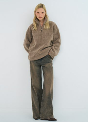 Толстовка из шерпы с воротником на молнии, Коричневый