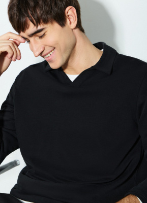 Поло из мягкой ткани с длинным рукавом, Черный