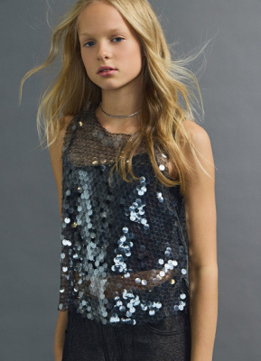 Сетчатый топ с пайетками для девочек, Серебряный
