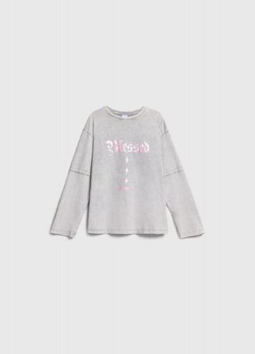 Лонгслив с принтом и стразами для девочек, Серый