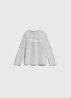 Лонгслив с принтом и стразами для девочек, Серый