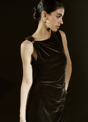 Бархатное платье с асимметричными лямками, Коричневый