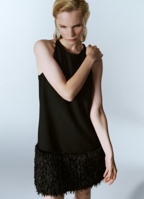 Платье мини с декором из перьев, Черный