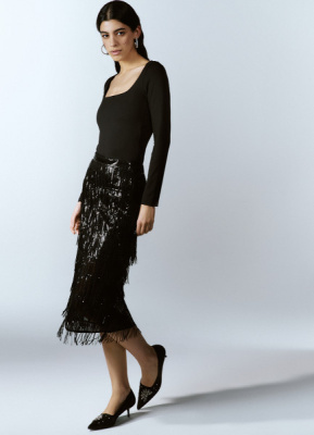 Прямая юбка с бахромой из пайеток, Черный