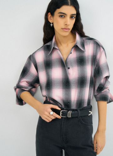 Рубашка в клетку со стразами, Розовый