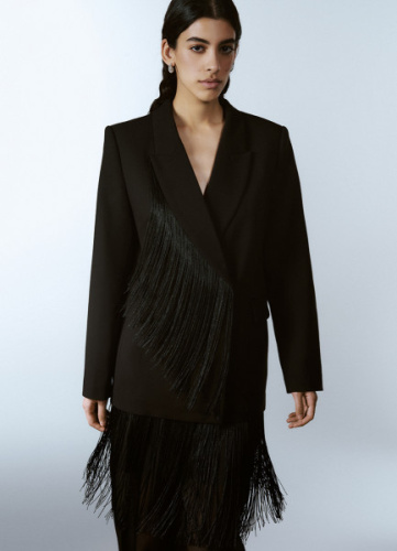 Двубортный жакет с отделкой из бахромы, Черный