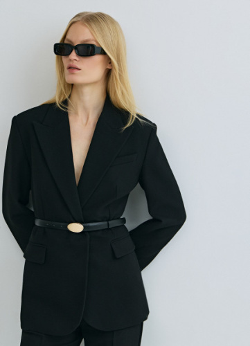 Двубортный жакет с поясом, Черный