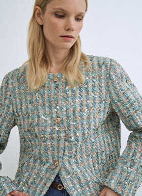 Укороченный твидовый жакет, Зеленый