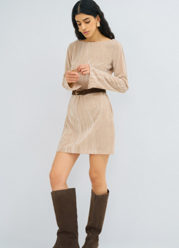 Платье мини из жатого бархата, Бежевый