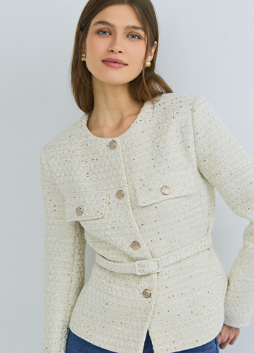 Твидовый однобортный жакет с поясом, Бежевый