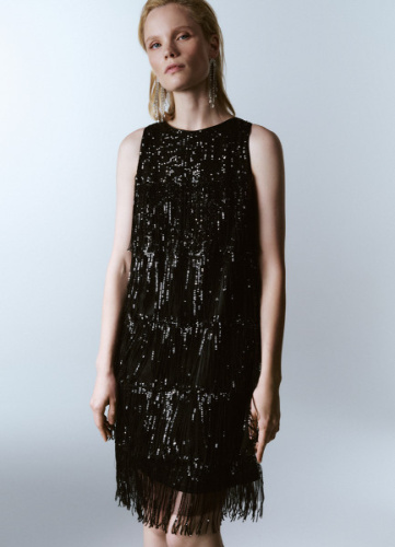 Платье А-силуэта с бахромой из пайеток, Черный
